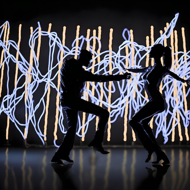 Foto uma forma de dança de figura humana sombreada abstrata feita de fios e luzes de cordas