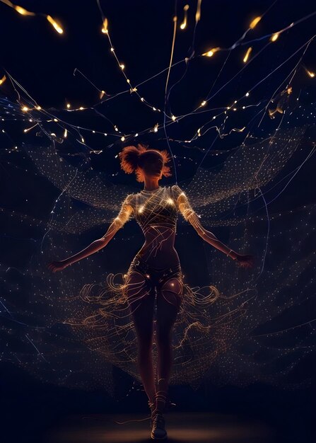 uma forma de dança de figura humana sombreada abstrata feita de fios e luzes de cordas