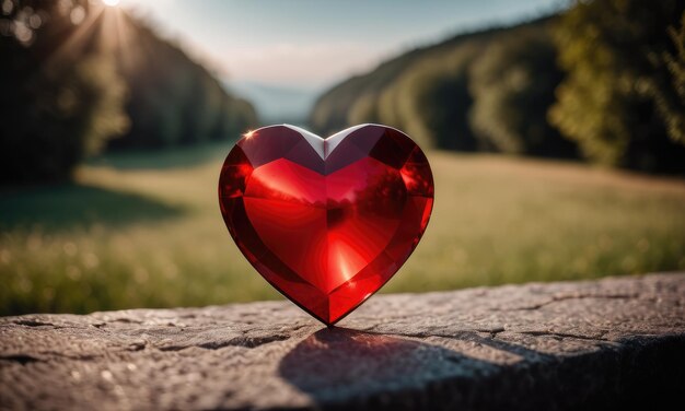 Uma forma geométrica de coração vermelho colocada ao ar livre