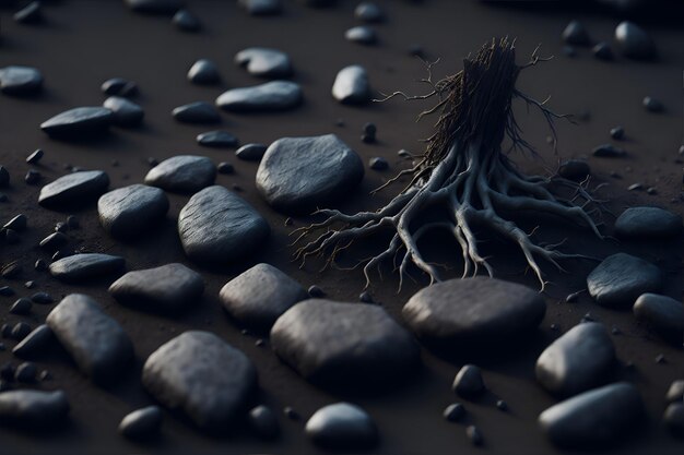 Uma formação rochosa com raízes crescendo a partir dela