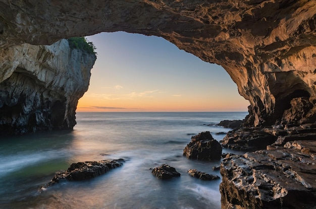 uma formação rochosa está na água perto do oceano