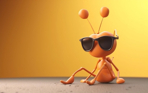 Uma formiga de desenho animado com óculos de sol senta-se sobre um fundo amarelo.