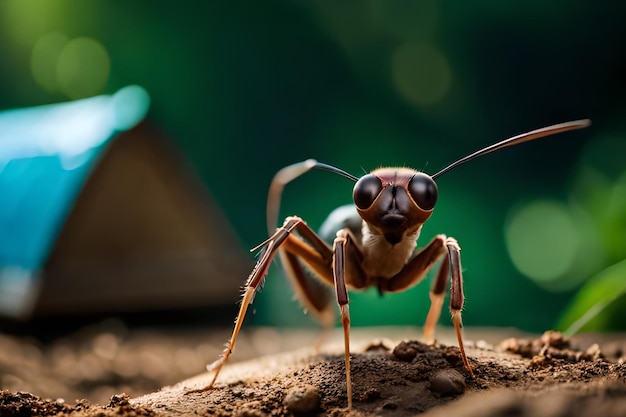 Uma formiga preta com um rosto preto e marrom está de pé sobre uma pilha de terra.