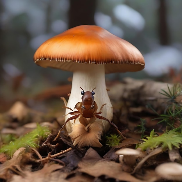 Foto uma formiga senta-se numa ia de cogumelo