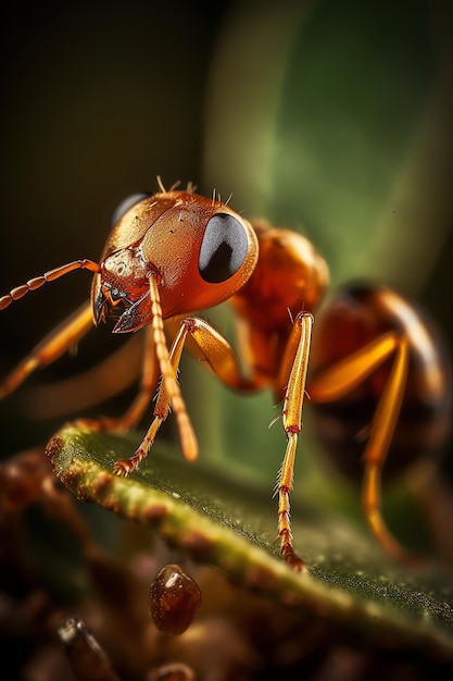 Uma formiga vermelha está em uma folha