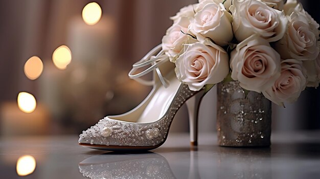 uma foto 3D única de um buquê de casamento e um par de sapatos de noiva com fundo simples