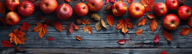 Uma foto aconchegante de uma mesa de madeira rústica adornada com maçãs vermelhas, abóboras laranjas e folhas caídas espalhadas. Amplo espaço à direita para texto.