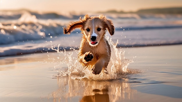 Uma foto adorável de um cachorrinho perseguindo ondas na praia suas patas deixando marcas na areia molhada a