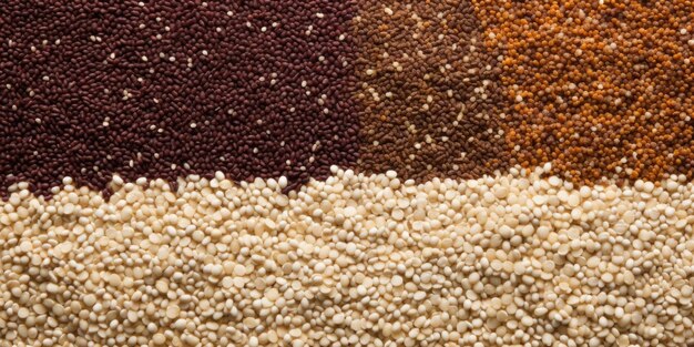 Uma foto aérea apresenta uma variedade visualmente agradável de grãos mistos que vão desde o bulgur saudável até as delicadas sementes de amaranto. As diversas dimensões, texturas e cores criam uma tapeçaria convidativa.