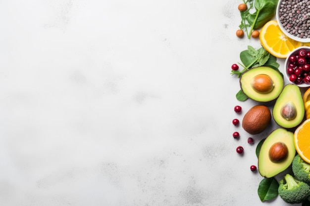 Uma foto aérea capturando uma seleção diversificada de alimentos saudáveis, deixando espaço para texto