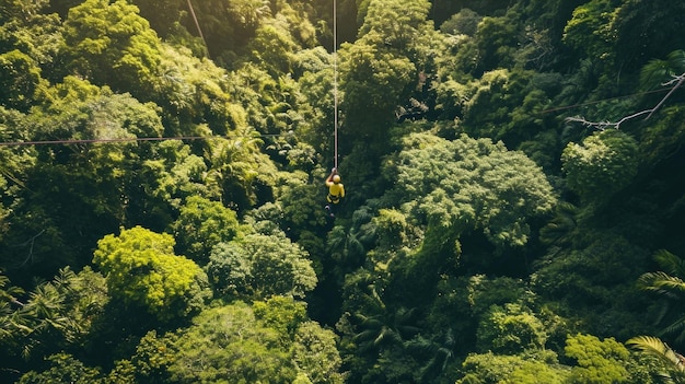 Uma foto aérea de um aventureiro fazendo zipline através das árvores verdes exuberantes do parque de aventuras