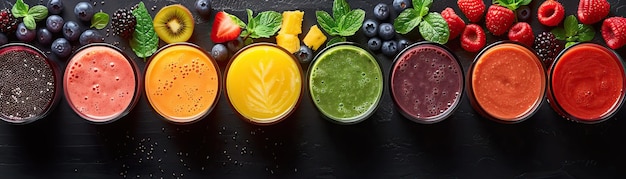 Uma foto aérea de uma mesa minimalista com uma variedade colorida de smoothies