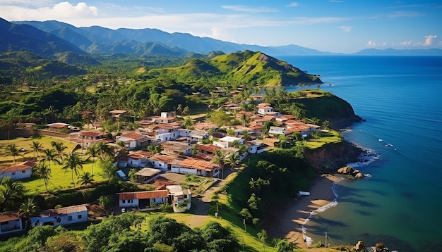 Uma foto aérea de uma pitoresca cidade costeira na Colômbia