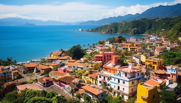 Uma foto aérea de uma pitoresca cidade costeira na Colômbia