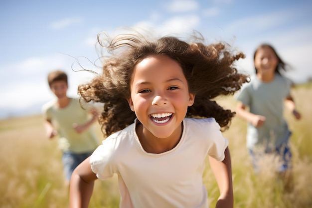 Uma foto alegre de crianças rindo e correndo durante um dia de campo escolar