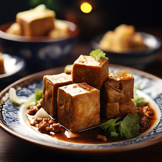 Uma foto altamente detalhada de um perfeito um prato de tofu taiwanês fedorento na mesa gerado pela IA