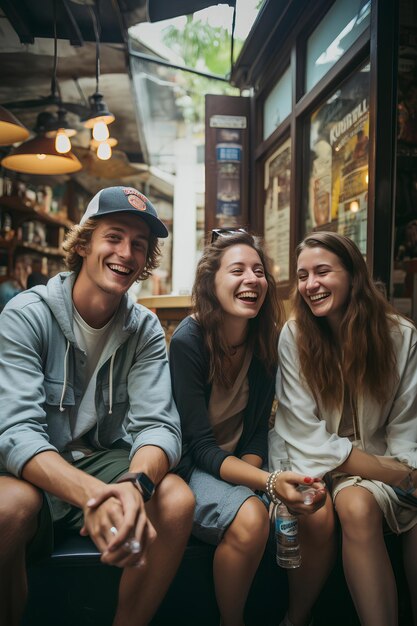 Uma foto ampla de 3 viajantes da Geração Z sendo super felizes