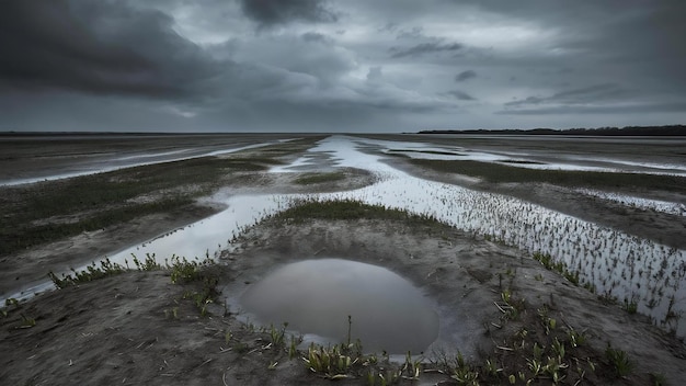 Foto uma foto ampla de uma planície de lama com um céu cinzento nublado