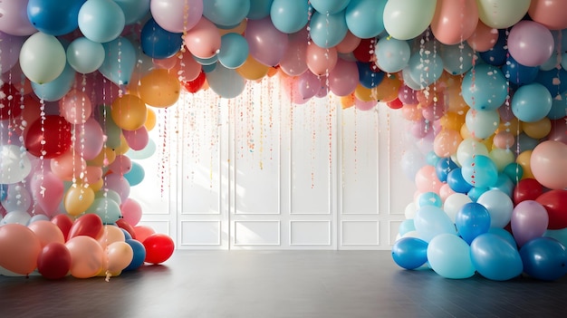 Uma foto animada de um arco de balão e streamers de festa