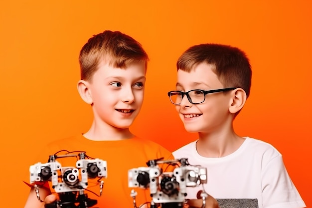 Uma foto aproximada de dois meninos jogando robô com fundo de cor laranja