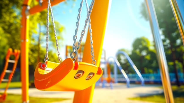 Uma foto aproximada de um balanço amarelo com buracos para as pernas no playground