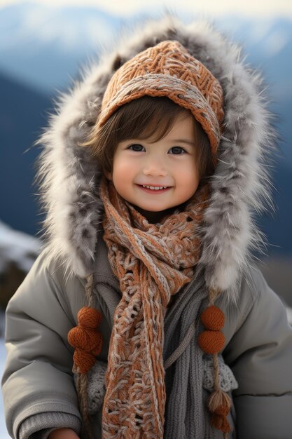 Uma foto aproximada de um bebê tibetano sorri na frente de montanhas nevadas