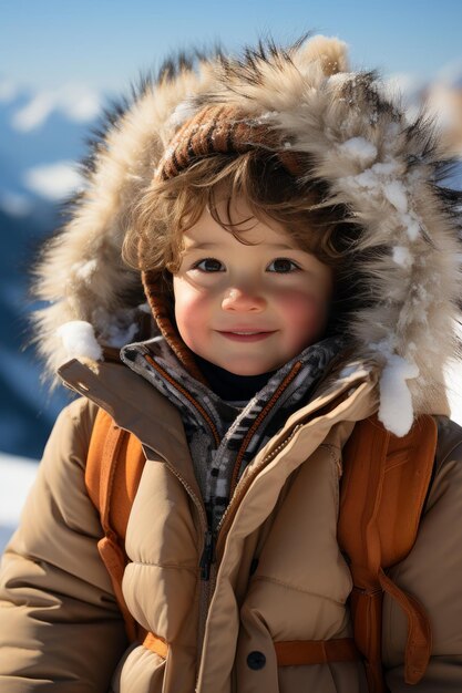 Uma foto aproximada de um bebê tibetano sorri na frente de montanhas nevadas