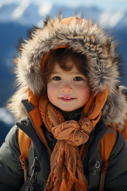 Uma foto aproximada de um bebê tibetano sorri na frente de montanhas nevadas