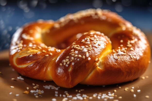 Uma foto aproximada de um pretzel tradicional da Oktoberfest recém-assado e dourado Generative AI