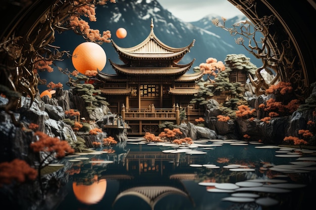 Uma foto aproximada de uma casa de estilo asiático que se parece com um templo perto da água