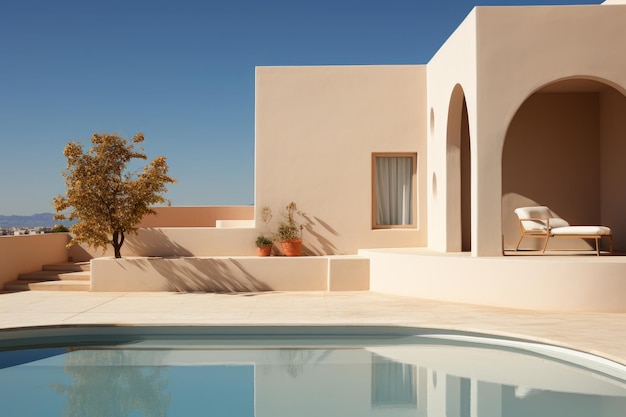 Uma foto aproximada de uma piscina no deserto cercada por uma casa grande