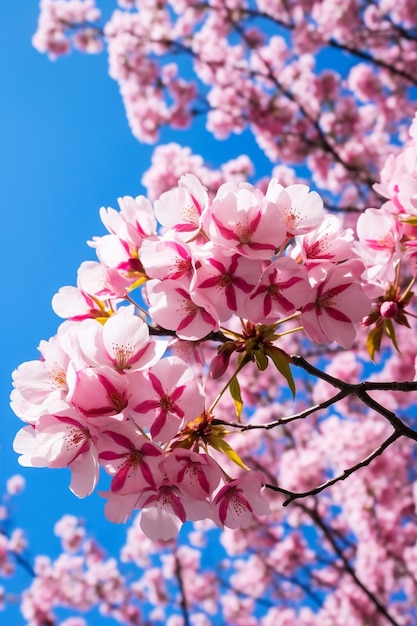 Uma foto artística de flores de cerejeira de um ângulo baixo com um céu azul claro como pano de fundo