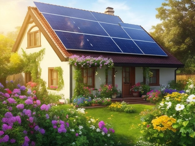 Uma foto bonita e ecológica de uma casa com um painel solar no telhado Generative AI