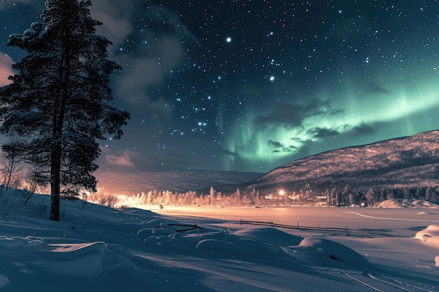 Uma foto capturando a hipnotizante aurora e as estrelas iluminando o céu noturno Uma paisagem tranquila e nevada com estrelas cintilantes e luzes do norte gerada pela IA