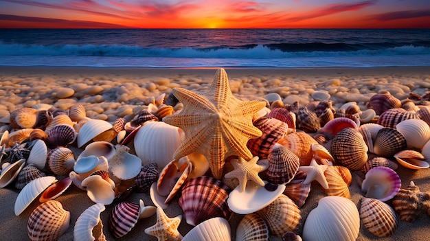 Uma foto capturando as delicadas texturas e padrões de conchas espalhadas pela areia ao pôr-do-sol