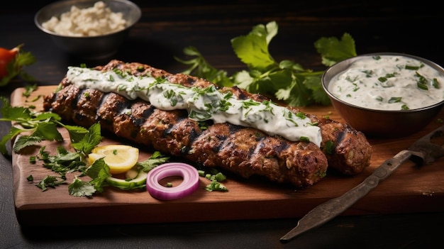 Uma foto capturando as intrincadas camadas de um saboroso kebab de cordeiro kofta do Oriente Médio adornado com uma colher de molho de iogurte picante e um pouco de folhas de coentro aumentando o robusto