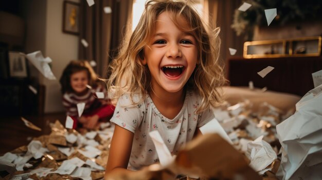 Uma foto capturando o momento alegre de crianças desembrulhando presentes na manhã de Natal