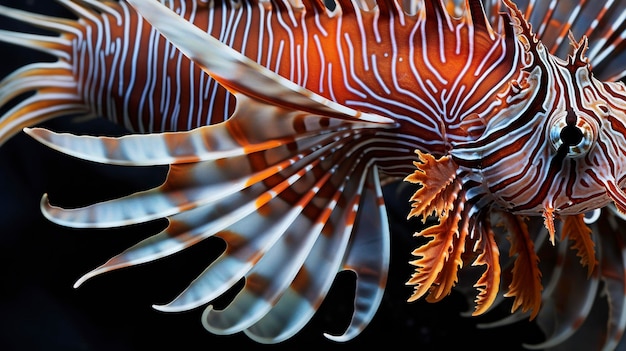 Uma foto capturando os detalhes afiados e os padrões das espinhas venenosas de um peixe-leão