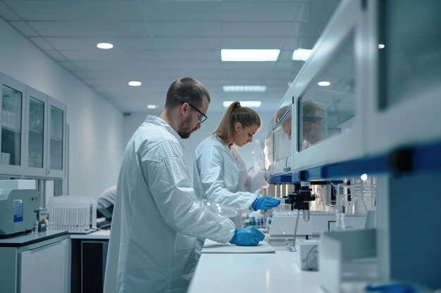 Uma foto capturando um casal de pessoas envolvidas em experimentos e pesquisas científicas em um ambiente de laboratório Técnicos de laboratório usando uma bioimpressora 3D Gerada por IA