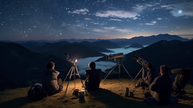 Uma foto cativante de pessoas observando o céu noturno com telescópios