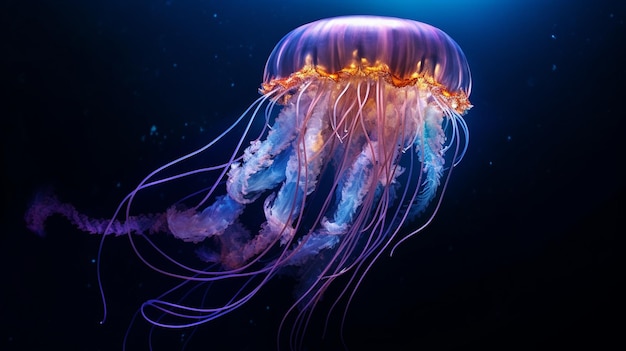 Uma foto cativante de uma água-viva iluminada por uma iluminação subaquática vibrante com seu b translúcido