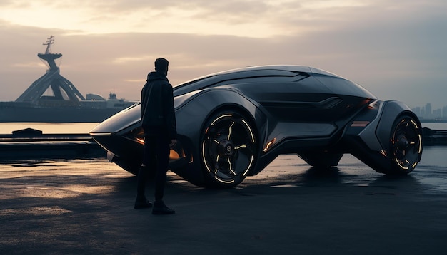 Uma foto clara de um homem de pé perto de um veículo de estilo futurista