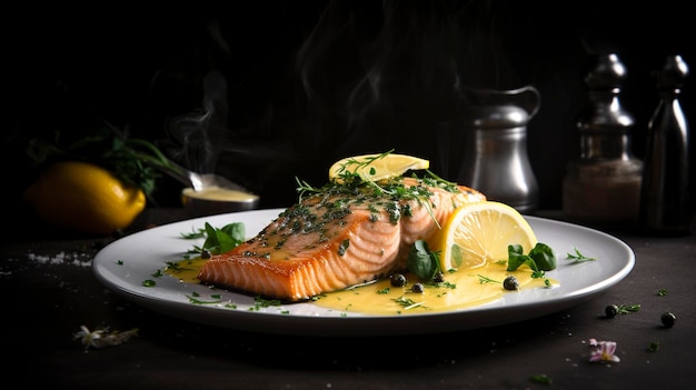 Uma foto com apresentação de delicioso salmão grelhado com manteiga de limão fotografia de comida