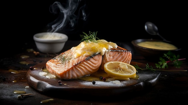 Uma foto com apresentação de delicioso salmão grelhado com manteiga de limão fotografia de comida