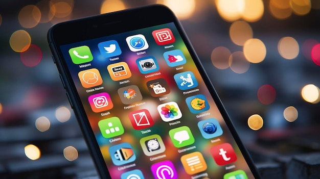 Uma foto com um close-up da tela inicial de um smartphone com widgets e aplicativo personalizado