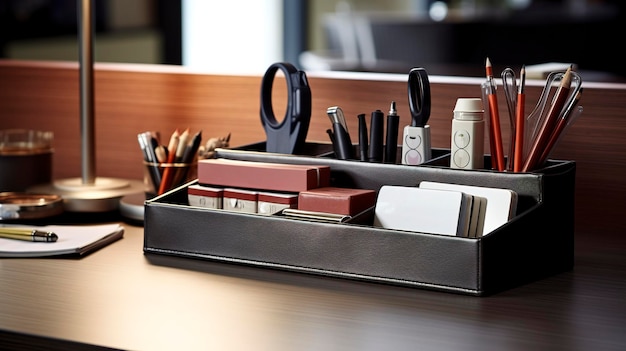 Uma foto com um close-up de um organizador de mesa com papelaria e suprimentos de escritório bem dispostos