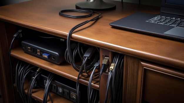 Uma foto com um close-up de um sistema de gerenciamento de cabos de mesa mantendo os cabos organizados e escondidos