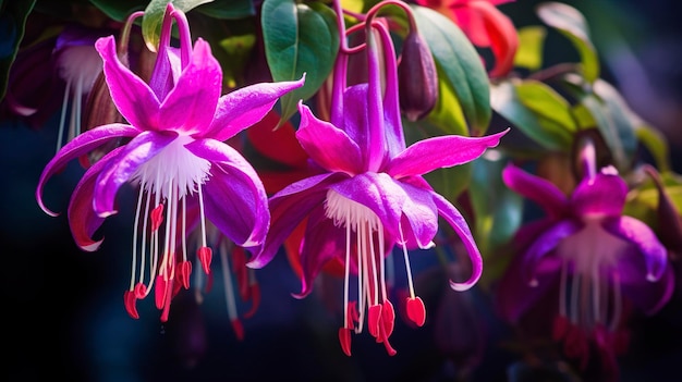 Uma foto com um close-up de uma flor de fuchsia em flor com suas flores pendulares