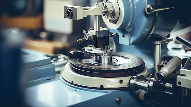 Uma foto com um close-up de uma máquina de moagem de lentes oftalmológicas