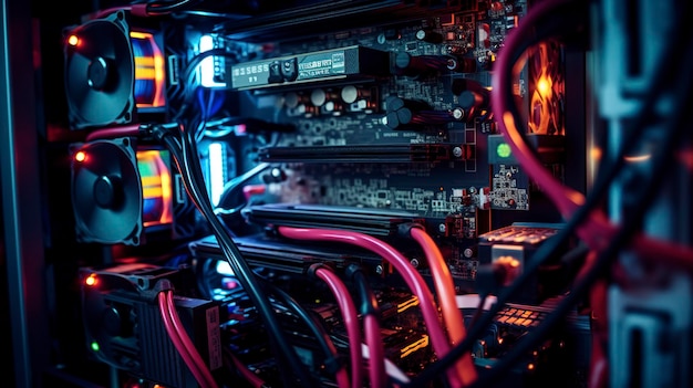 Uma foto com um close-up de uma torre de computador de mesa com cabos e ventiladores de resfriamento